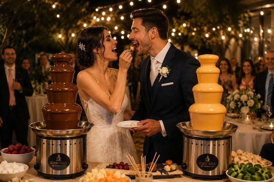 Novios disfrutando las cascadas de chocolate y cheddar en su casamiento