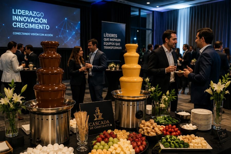 Cascadas de chocolate y cheddar en un evento empresarial