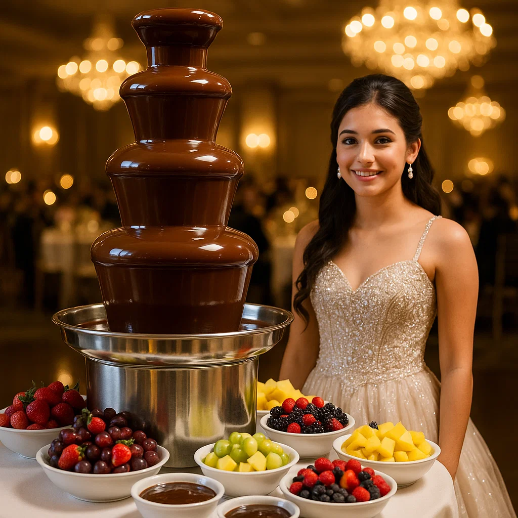 Joven junto a la cascada de chocolate en un cumpleaños